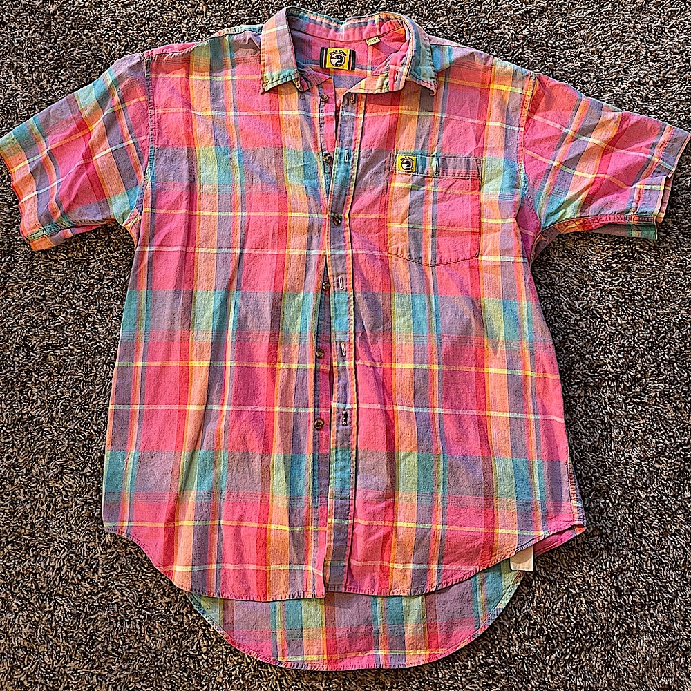 Vintage Duck Head Short Sleeve Shirt Pink Blue Plaid Button Down Cotton Large